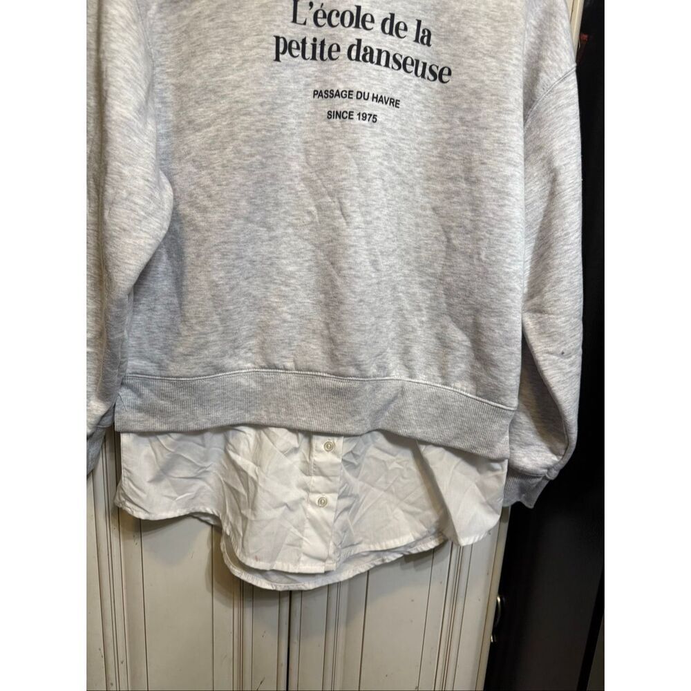 ZARA Women's Layered Shirt Crew Neck Pullover Sweatshirt Gray White Size 11-12